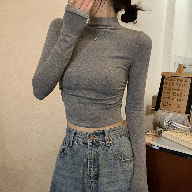 여성용 회색 하프 터틀넥 긴팔 티셔츠 봄 가을 퓨어 디자이어 스타일 이너웨어 슬림 숏 바텀 셔츠 아우터웨어 상의