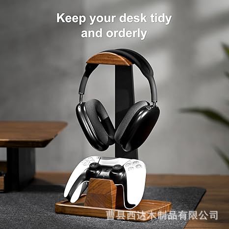 Walnut Wood Headphone Stand with Game Controller Holder, Wooden and Metal Gaming Room Storage Desktop Organizer Walnut Wood Headphone Stand with Game Controller Holder, Wooden and Metal Gaming Room Storage Desktop Organizer