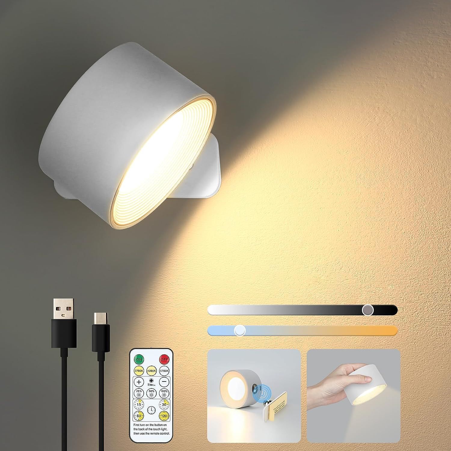 Lámpara de pared magnética con carga USB, lámpara de pared interior para armario, lámpara de libro de cabecera, lámpara táctil portátil, lámpara de pared con carga para dormitorio