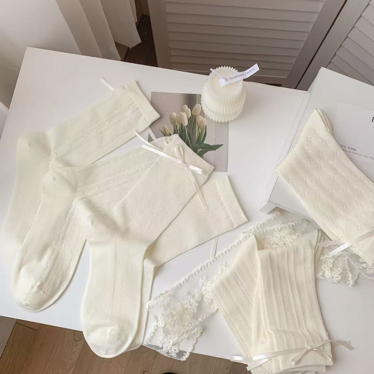 Romantic Coquette Cream Cotton Heart Pointelle Crew Socks with Satin Bows Detail View 2
