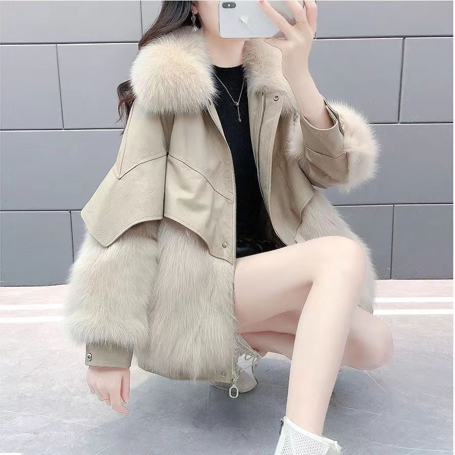 跨境皮草外套女2025春秋冬季新款韩版PU皮仿狐狸毛中长款海宁大衣