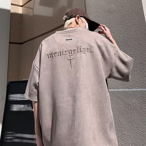 Deer hide velvet American retro short-sleeve t-shirt for men, summer heavy-duty loose half-sleeve street fashion five-point sleeve t-shirt