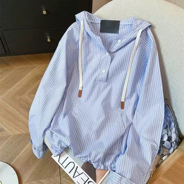 设计感竖条纹连帽长袖衬衫女秋季超好看休闲港风上衣|undefined