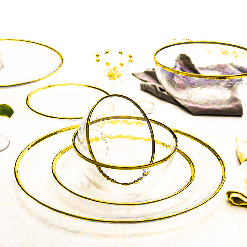 European-Style Creative Handmade Bowls and Chopsticks, Gold-Rimmed Glass Tableware, Transparent Dinner Plates, Household Bowl and Plate Sets, Wholesale