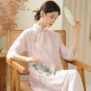 Qing Shuzhai 2023 Spring Women's Cheongsam New Chinoiserie National Style Retro Hand-Painted Chiffon Dress Tang Suit Mid-Length Skirt