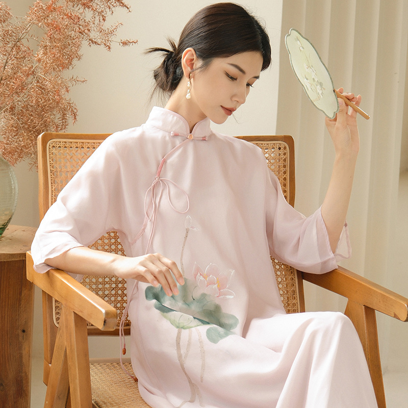 Qing Shuzhai 2023 Spring Women's Cheongsam New Chinoiserie National Style Retro Hand-Painted Chiffon Dress Tang Suit Mid-Length Skirt Qing Shuzhai 2023 Spring Women's Cheongsam New Chinoiserie National Style Retro Hand-Painted Chiffon Dress Tang Suit Mid-Length Skirt