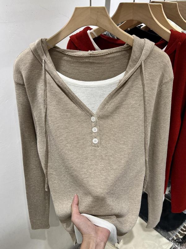 秋季新款连帽假两件针织衫女撞色内搭设计感上衣修身长袖打底毛衣|undefined
