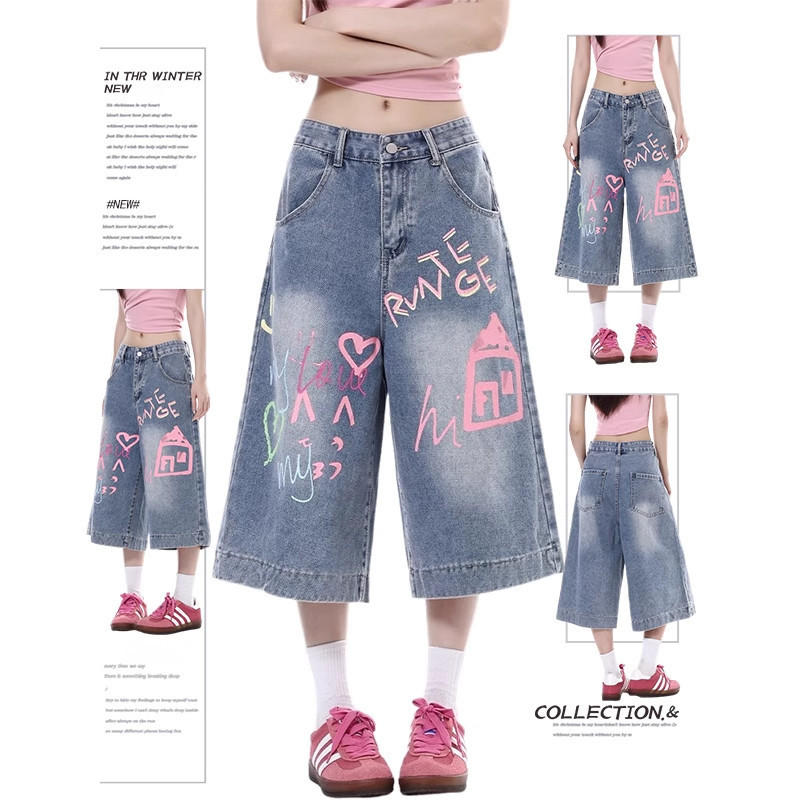 Women's Denim Cropped Pants Summer New Design Dopamine Pink Graffiti Wide-Leg Loose Straight Shorts