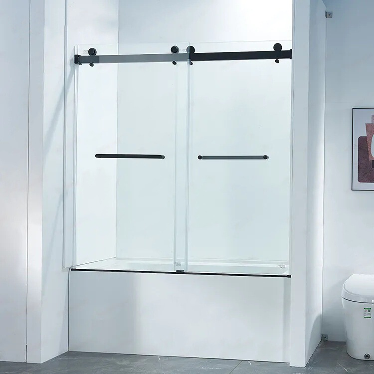 Wholesale Price Frosted Black Stainless Steel Frameless Bathtub Door Partition Tempered Glass Double Sliding Shower Door Wholesale Price Frosted Black Stainless Steel Frameless Bathtub Door Partition Tempered Glass Double Sliding Shower Door