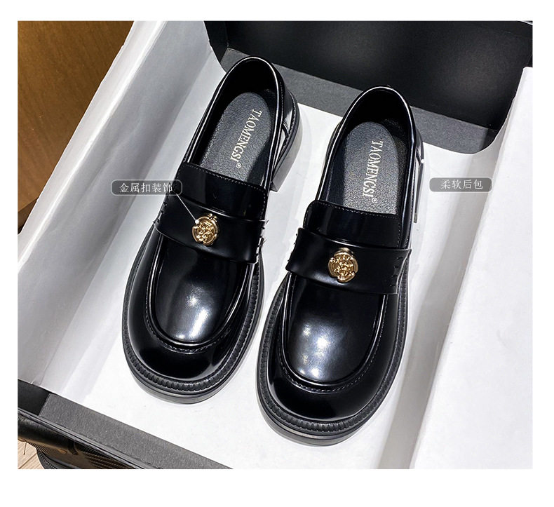 Giày lười nữ da phong cách Anh khóa xu, đế dày gót 3–5 cm, mũi tròn, size lớn — Màu Đen/lót nhung, Màu đen/lót một lớp chi tiết 4
