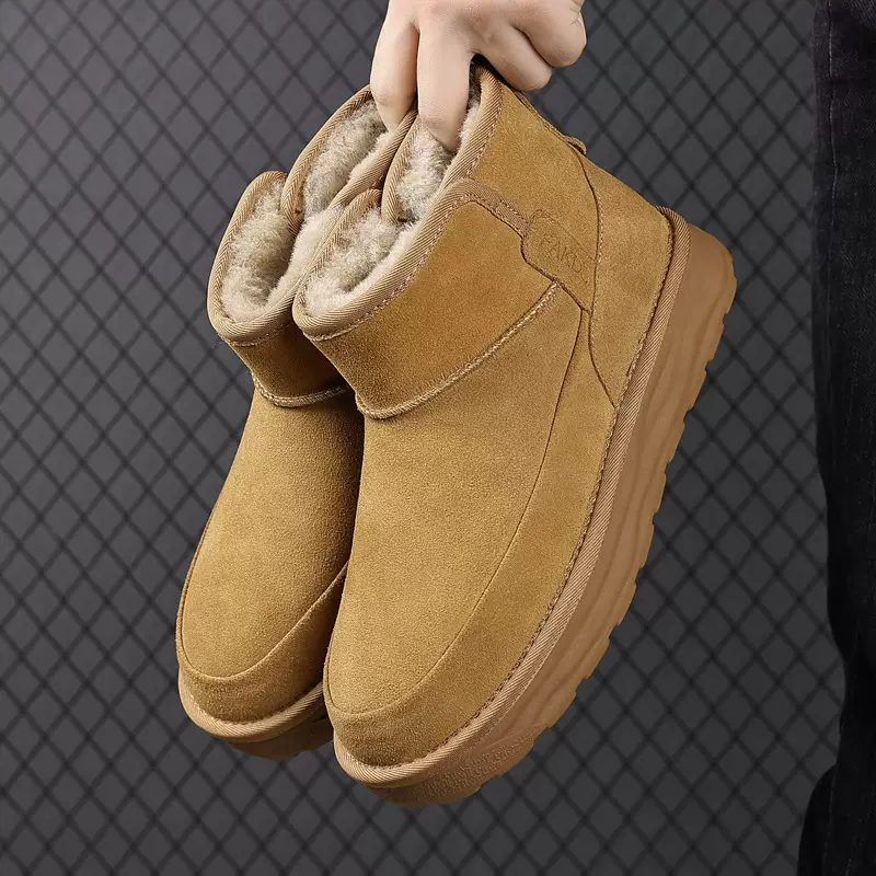冬季雪地靴男士真皮短靴加绒保暖加厚羊毛一脚蹬大棉鞋面包鞋男鞋