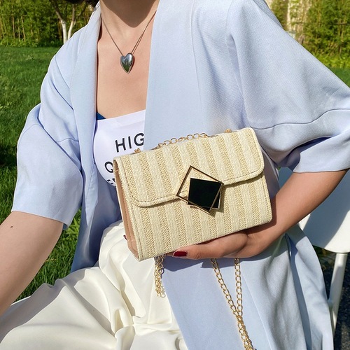  Summer New Fashion Trend Grass-Woven Bag Stylish Single-Shoulder Crossbody Bag for Women Korean Version Chain Small Square Bag