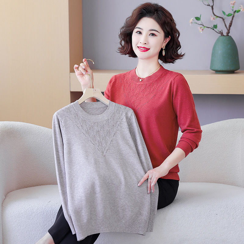 中老年女装秋季新款羊毛混纺针织衫圆领纯色冬季打底衫大码妈妈装，女装针织衫/毛衣，妃慕昵服饰