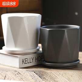 花盆陶瓷大号特大号带托盘白色简约艺术桌面流水手工