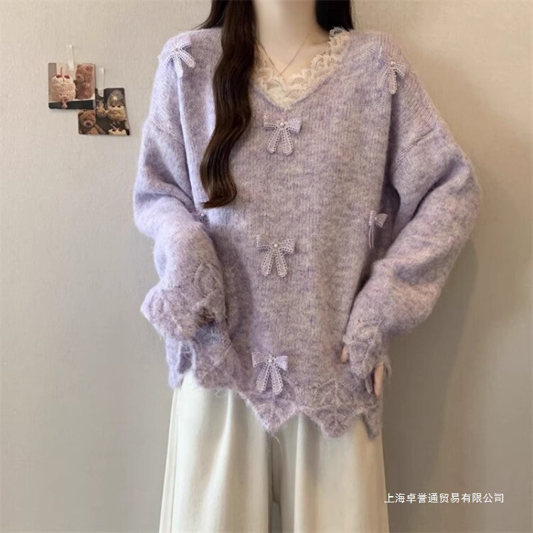 Three-dimensional bow lace trim V-neck design, regular shoulder knit sweater for women, autumn and winter, off-white Three-dimensional bow lace trim V-neck design, regular shoulder knit sweater for women, autumn and winter, off-white
