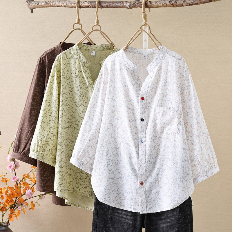 Summer Dress Seven-Sleeve V-Neck Small Floral Shirt Women's Artistic Printed Beautiful Chic Cotton Top with Color Buckle