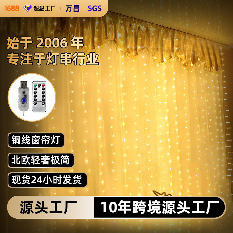 3*3 meter copper wire lamp curtain lamp USB plug-in eight function remote control Christmas wedding decoration lamp string waterproof colored lamp