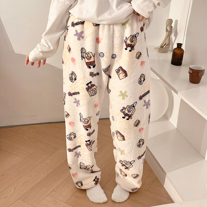 Pantalones de pijama de franela de dibujos animados de otoño y invierno para mujeres con pantalones de lana de coral caliente para estudiantes de lana de invierno para el hogar