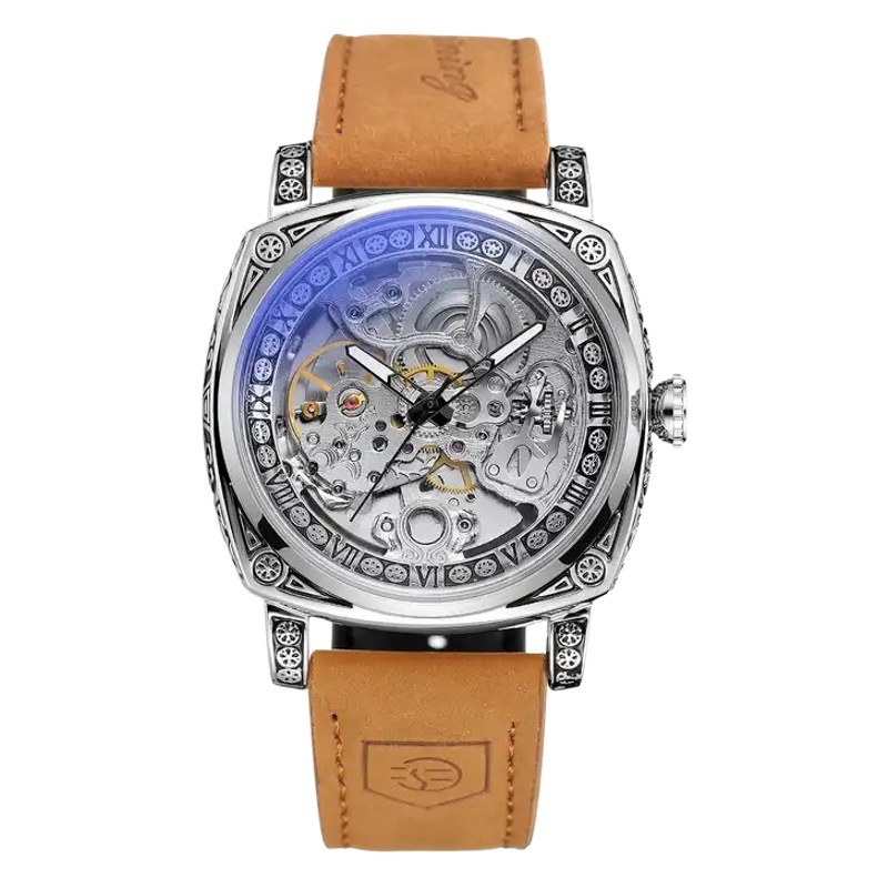 Forsining hombres moda retro tallado caso hueco-fuera transparente cuadrado reloj mecánico automático reloj de la correa