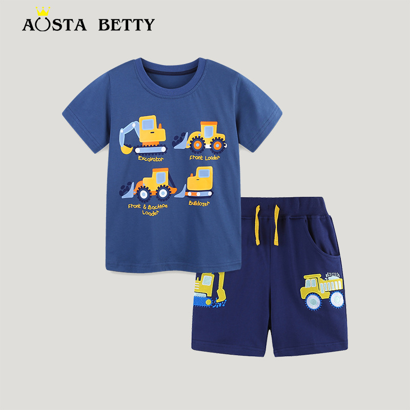AostaBetty Boys suit European and American Style Car Printed Children's Short Sleeve suit Knitted Cotton Shorts Children's Suit