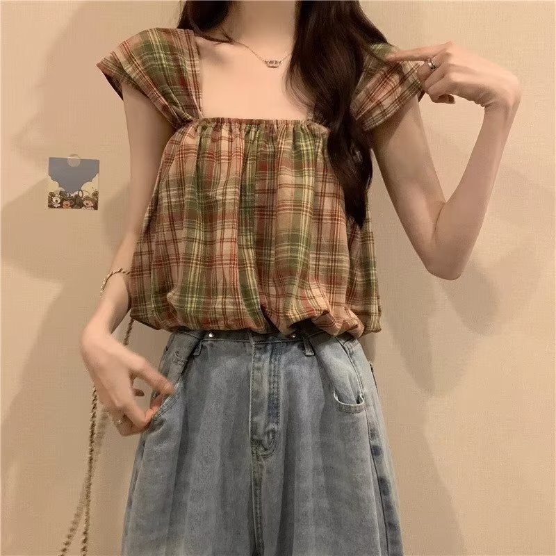 Red Plaid Doll Shirt Women's Loose Slim-fit 2024 Summer New Style Sleeveless Sleeveless Age-reducing Top Red Plaid Doll Shirt Women's Loose Slim-fit 2024 Summer New Style Sleeveless Sleeveless Age-reducing Top