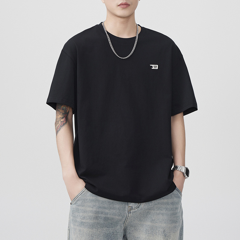 Shanggu Men's Clothing Summer Pure Cotton Heavyweight 260g Embroidered Short Sleeve T-Shirt Men's National Trend American Style Loose Fit Direct from Factory