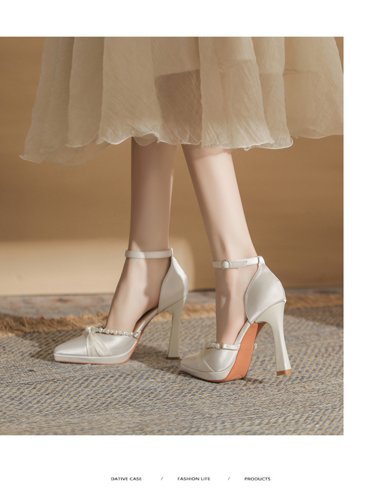 Sandal cao gót nữ Jin Gang YY10506 mũi nhọn hở mũi gót thô đế chống nước — Màu sâm panh chi tiết 9