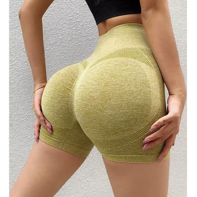 跨境笑脸蜜臀短裤女高腰速干无缝紧身三分健身裤运动瑜伽短裤