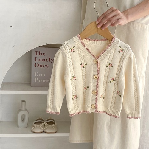  Autumn Internet celebrity cotton yarn versatile infant and baby girl baby small floral embroidered long-sleeved knitted cardigan jacket
