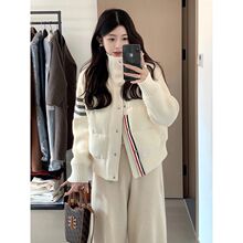 TB白色休闲羽绒服女2026春冬季新款短款白鸭绒立领保暖针织外套