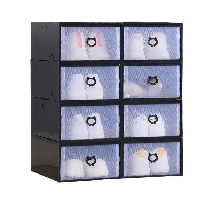 Drawer shoe box, cat‑style, plastic with transparent front, stackable, small and large