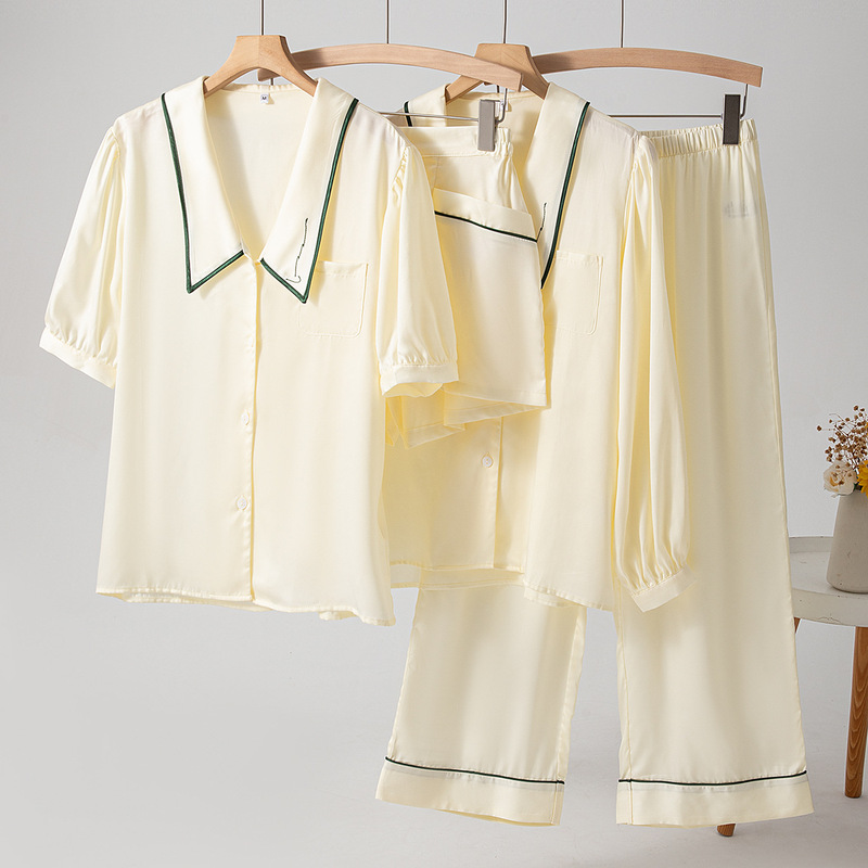 Special Clearance French Navy Collar 60S Tencel Women's Pajamas Spring and Summer Thin Lyocell Pure Color Home Clothes