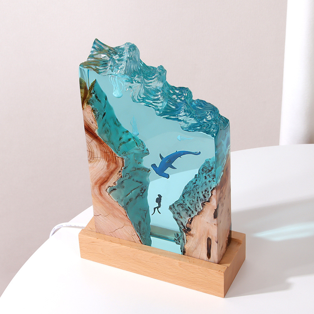 Home accessories mermaid ocean whale diver devil fish art ornaments solid wood resin night light gift