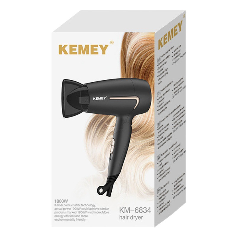 Secador de pelo eléctrico Kemei con viento fuerte y funcionamiento silencioso para uso doméstico, secador de pelo pequeño y plegable KM-6834.