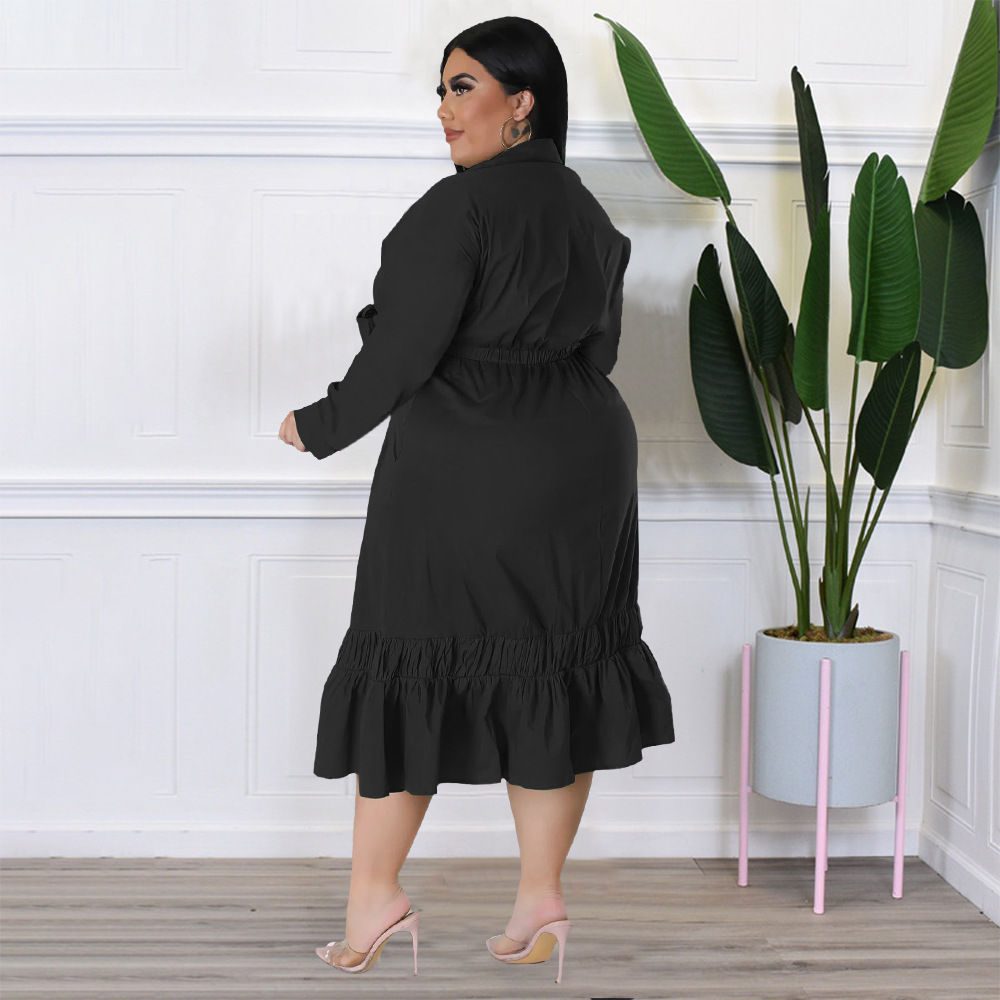 ChicShe N7679 2022 Solid Color Tie Bow Shirt Sleeve Loose Casual Ruffle Plus Size Dress_voghion.com