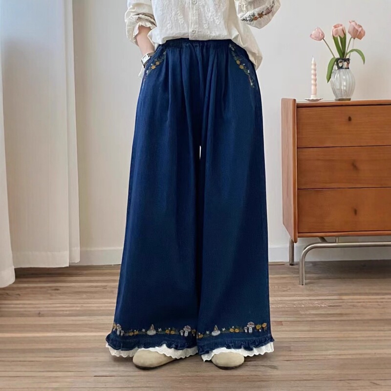 2026 Summer Fashion Vintage Lace Embroidered Wide-Leg Jeans for Women, Ethnic Style Loose Straight Pants