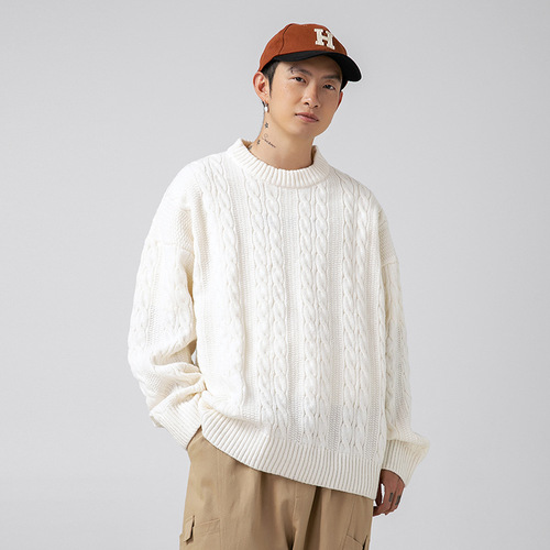 Hanlu Japanese-style Men's Knitted Sweater with Twisted Weave, Solid Color, Crew Neck – Unisex Autumn/Winter Loose-Fit Retro Knitwear Jacket