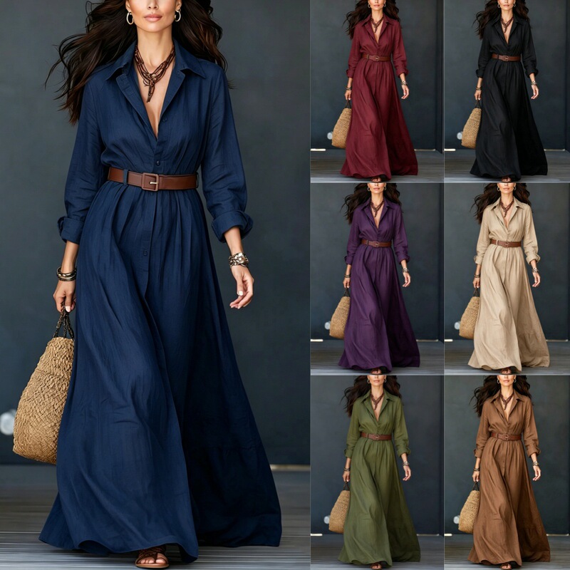 2026 Cross-Border Autumn Cotton-Linen Shirt Dress for Women, Turn-Down Collar, Long Sleeves, Waist-Cinched with Belt, Vacation Floor-Length Dress 2026 Cross-Border Autumn Cotton-Linen Shirt Dress for Women, Turn-Down Collar, Long Sleeves, Waist-Cinched with Belt, Vacation Floor-Length Dress