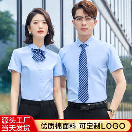 大码棉白衬衫女胖mm夏天短袖男女同款职业衬衣刺绣LOGO工作服批发