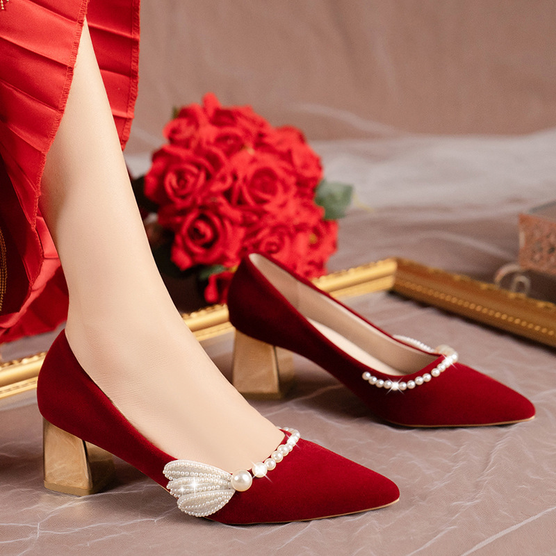 Wedding Shoes Women's High Heel Xiuhe Dress Wedding Dress Two Wear 2023 New Red Bridal Shoes Pregnant Women Not Tired Feet