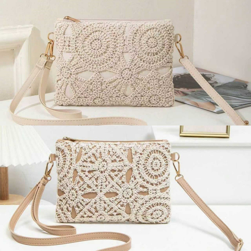 Bolsas de paja casuales coreanas, bolsas de mujer retro de playa, bolsas huecas, nuevas flores de moda de un solo hombro, bolsas de ganchillo.