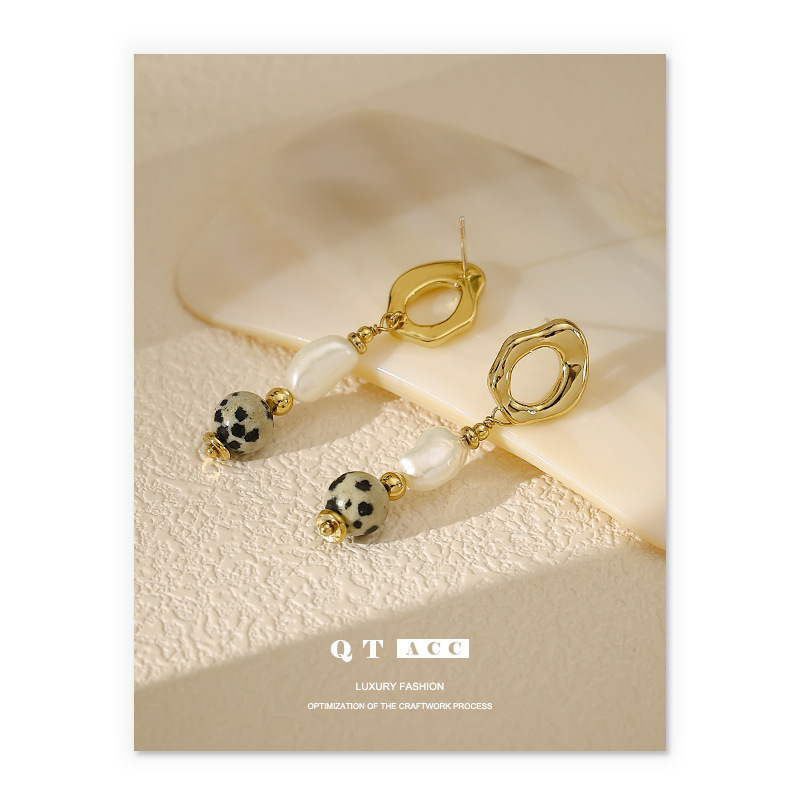 Brass brand fashionable retro organic earrings from pearl