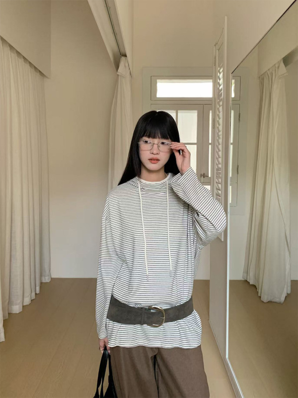 誉一新款2025秋季韩系百搭条纹连帽卫衣女宽松慵懒长袖上衣c6608|undefined