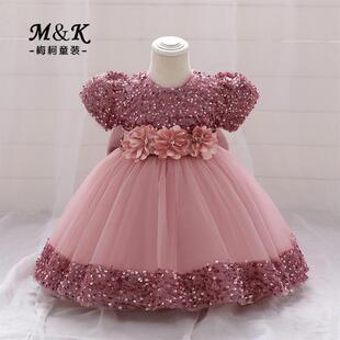 Girls dress dress princess children's dress 2024 new short sleeve sequins puffy skirt children's dress cross-border wholesale