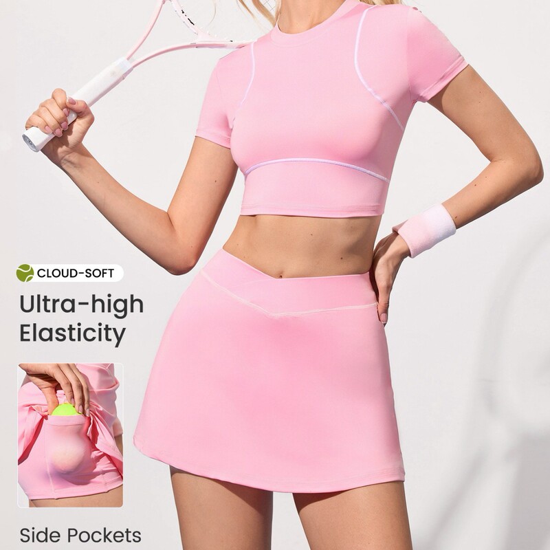 Quick-Dry Tennis Skirt Two-Piece Set with Pockets, Anti-Exposure Sports Short Skirt, Outdoor Fitness Running Yoga Skirt Pants