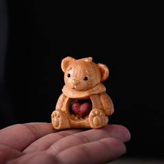 Natural Yabark Pine Heart Bear Creative Simple Solid Wood Carving Handheld Bear Cute Cartoon Birthday Gift Small Ornament
