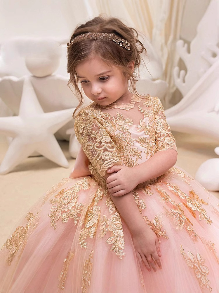 Vestido de niña para bodas transfronterizo, vestido de princesa hinchado de manga media con encaje para cumpleaños y actuaciones infantiles, vestido largo.