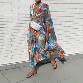 2026夏季新款欧美款气质时尚印花V领高腰大摆长连衣裙女显瘦