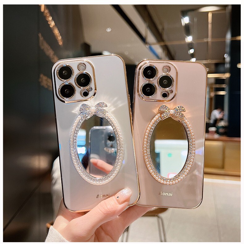 Bow Makeup Mirror Suitable for Apple 17Pro Mobile Phone Case Iphone16 Rhinestone Pearl 15Max Protective Cover 13