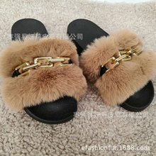 跨境大码一字平跟跟拖鞋夏季新款室外链条毛绒拖鞋外穿坡跟套脚